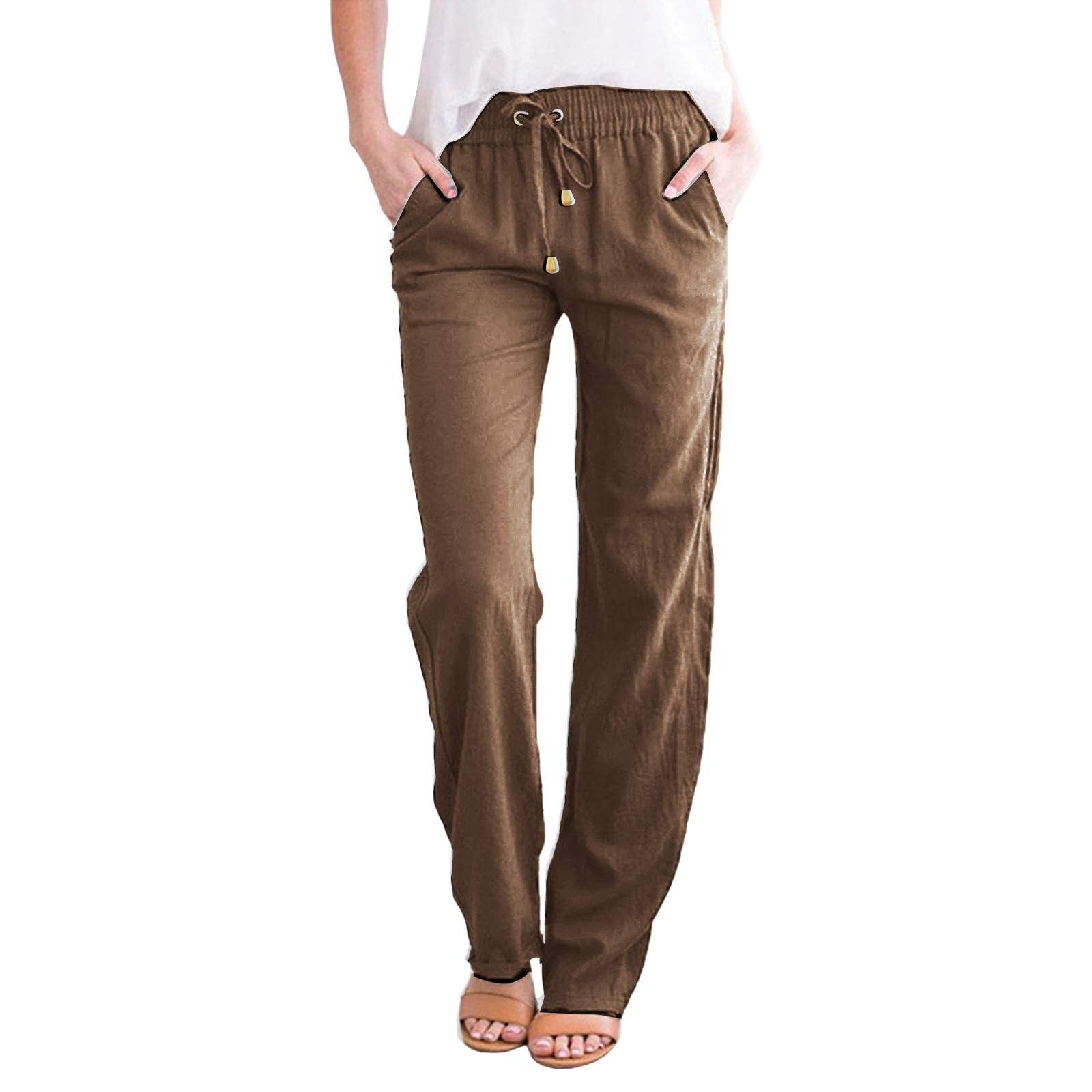 thumbnail image 3 of Pantalones casuales de algodón liso para mujer: con bolsillos, largo, adecuados para la oficina, las vacaciones o las citas, tallas reales, para todas las estaciones, 3 of 7